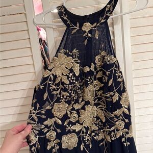 Elegant Navy Dress with Gold Floral Embroidery